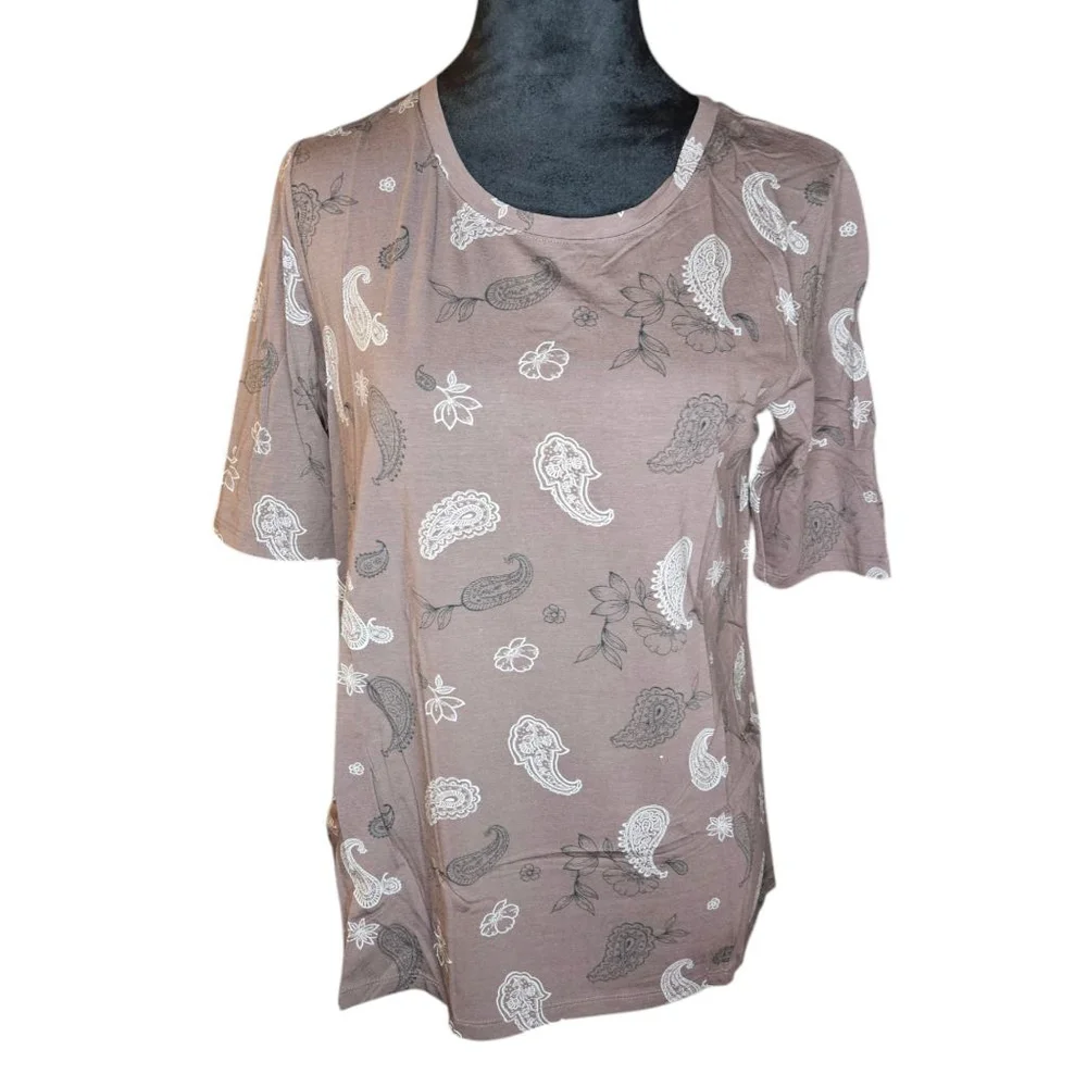 AnyBody XS Brown Paisley Print Split Back T-Shirt